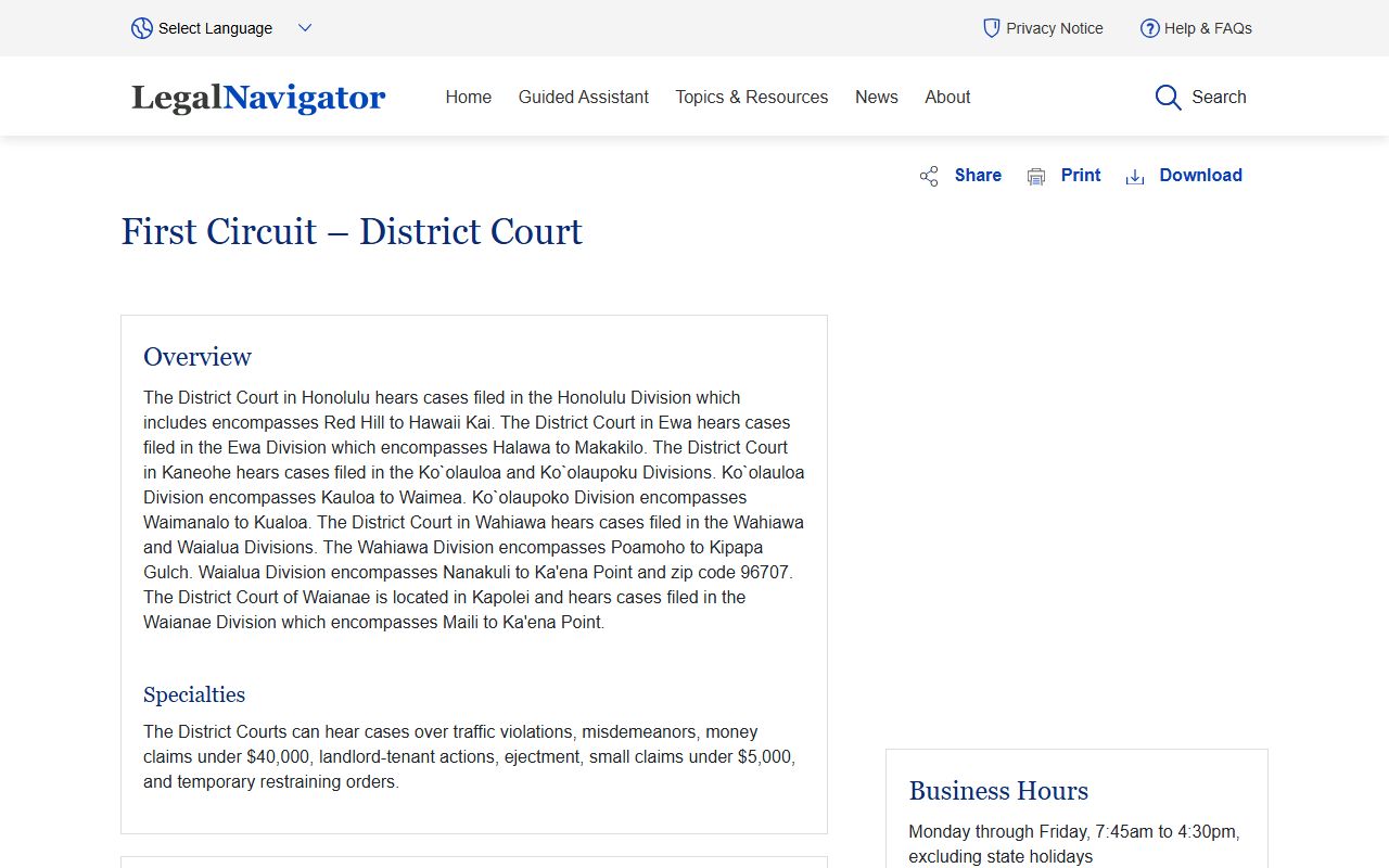 Legal Navigator Hawaii First Circuit District Court page showing Ewa Division courthouse coverage for Ewa Gentry traffic records