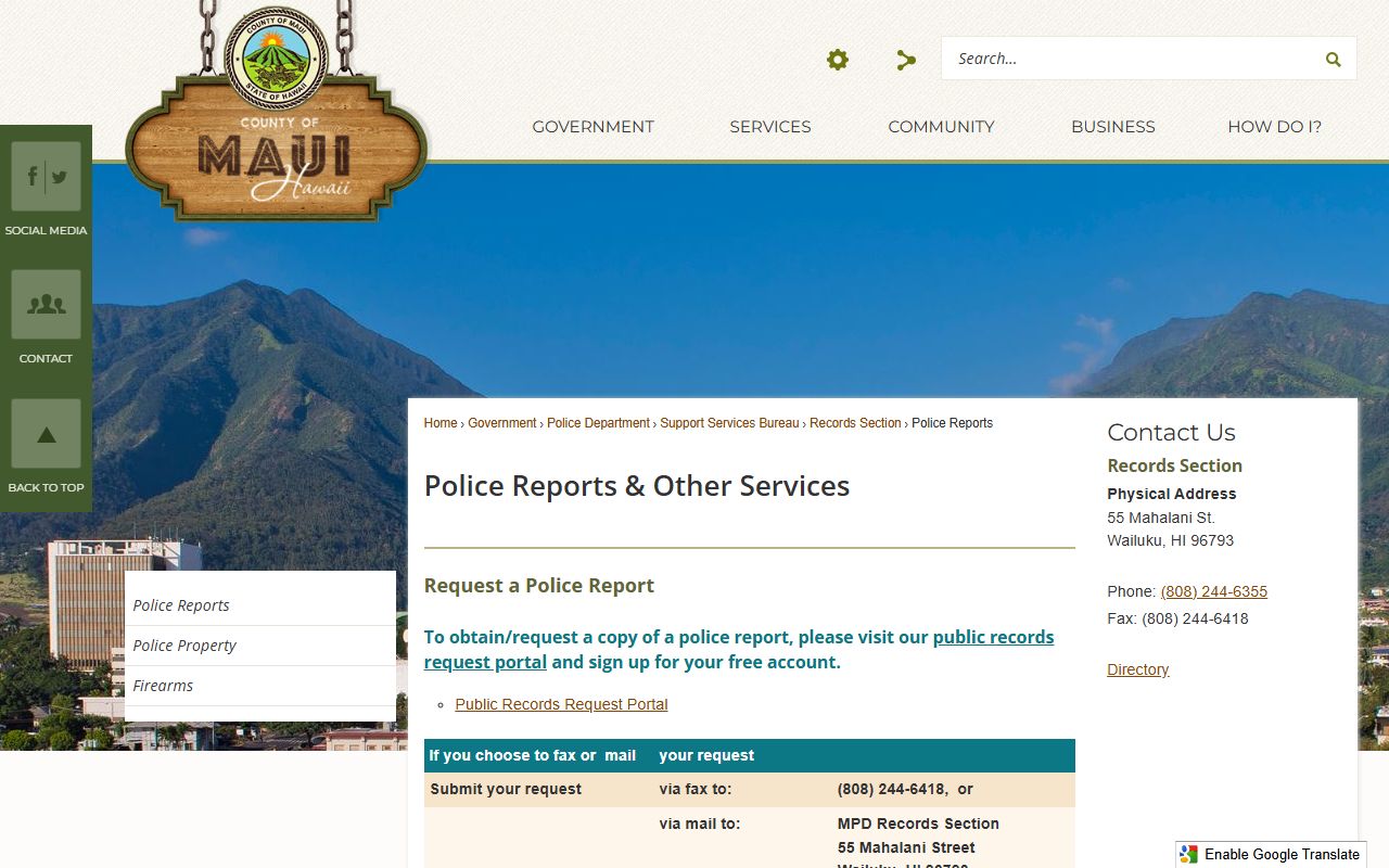 Maui County Police Department reports page for traffic citations and incident records affecting Kahului residents