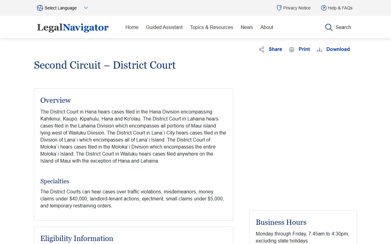 Legal Navigator Hawaii Second Circuit District Court page showing Wailuku Division coverage for Kahului traffic court records