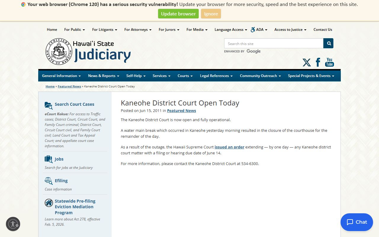 Kaneohe courthouse opening news from Hawaii Judiciary showing the Abner Paki Hale facility serving Kailua traffic court records