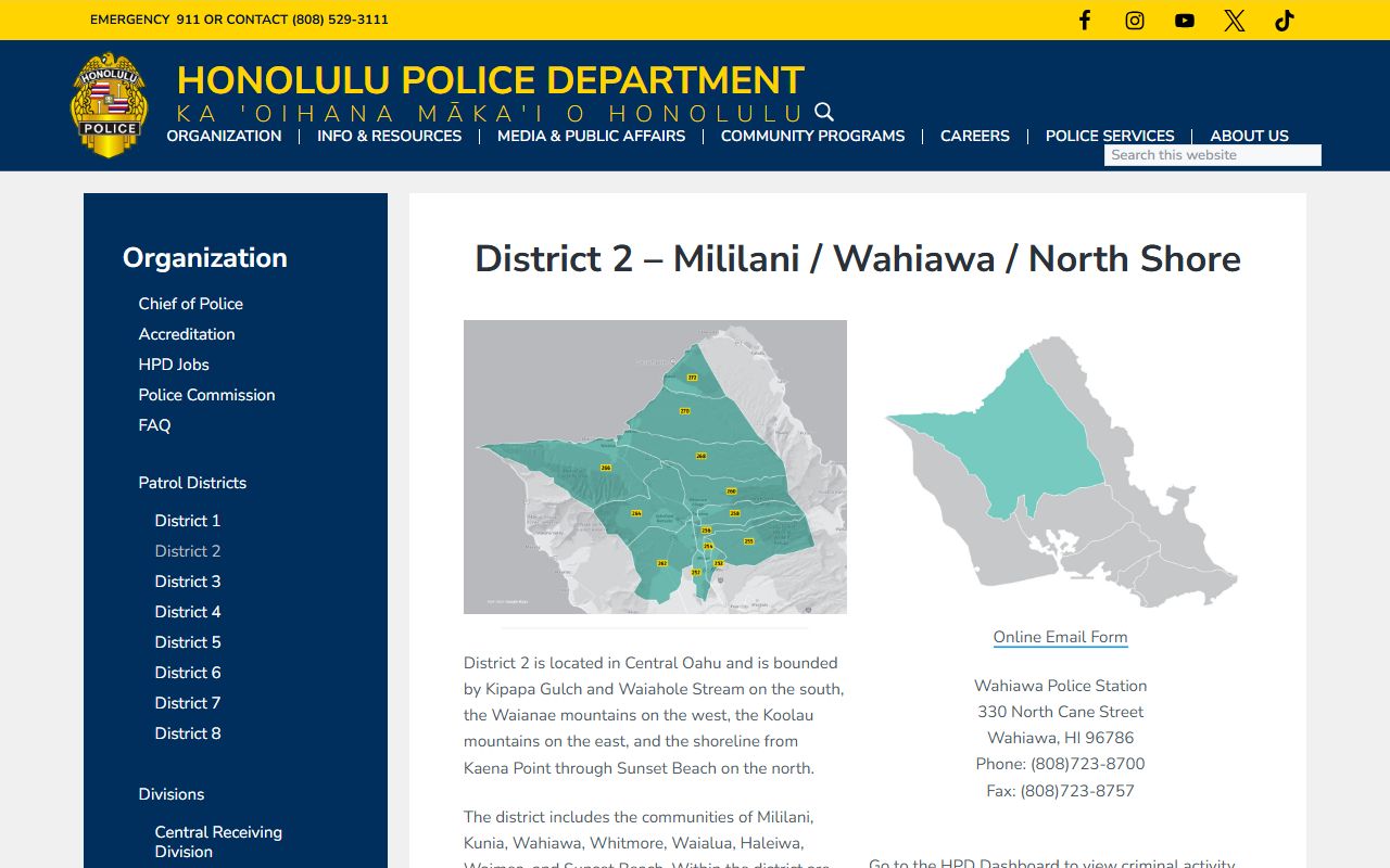HPD District 2 Wahiawa police station website serving Mililani Town traffic citations and enforcement