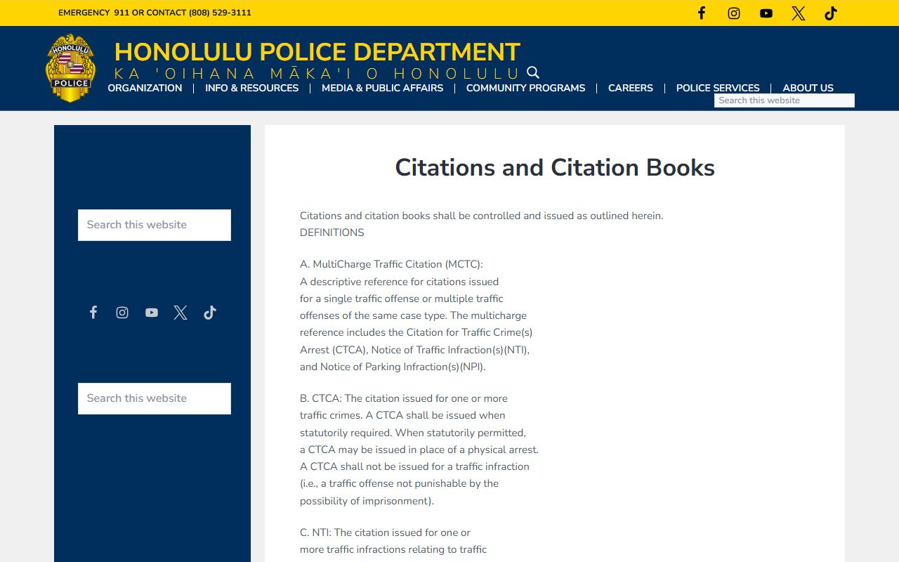 HPD citations and citation books policy page for traffic enforcement in Urban Honolulu