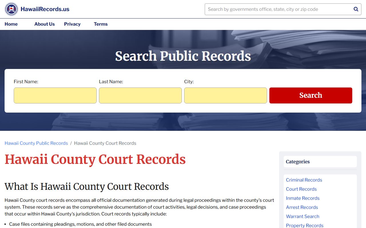 Hawaii County court records search showing Third Circuit access for traffic abstracts and case information