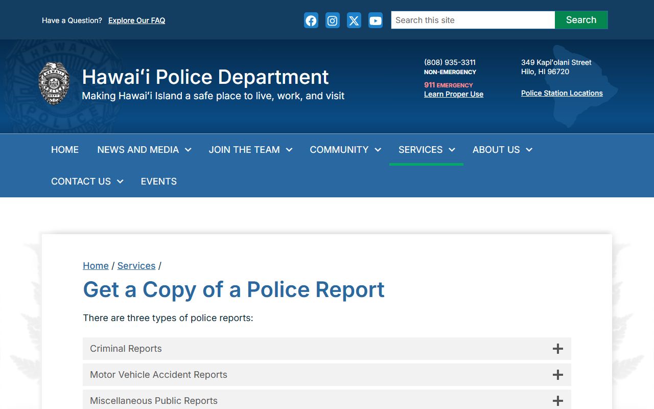 Hawaii County Police Department records request page for traffic incident reports on the Big Island