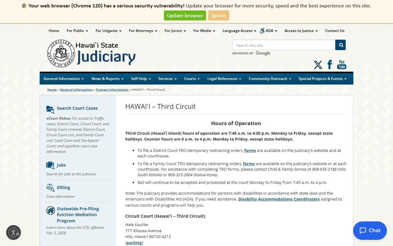 Third Circuit Hawaii Island contact information page showing District Court locations for traffic records on the Big Island