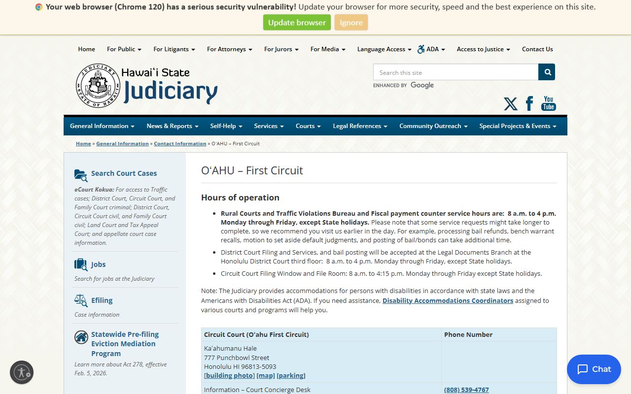 First Circuit Oahu contact information page showing all Honolulu County District Court locations for traffic records