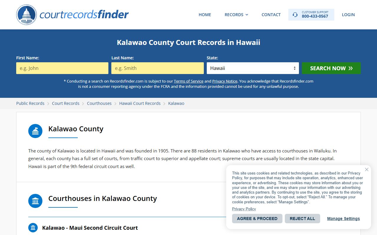 Kalawao County courthouse information showing Second Circuit court access through Maui for traffic records