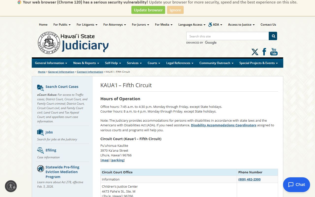 Fifth Circuit Kauai contact information page showing courthouse address and department phone numbers for traffic records