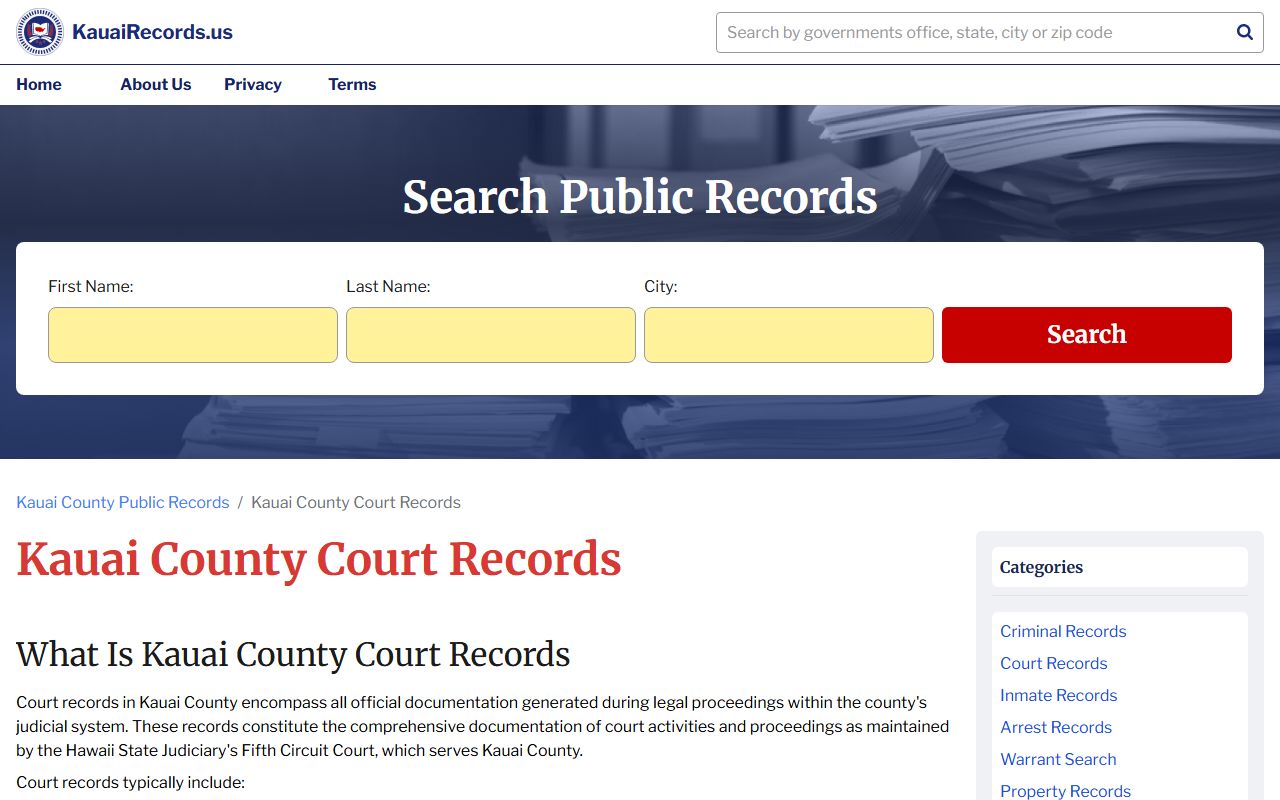 Kauai County court records information showing access options for Fifth Circuit traffic cases and abstracts