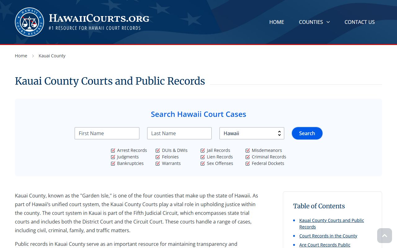 Kauai County court search information showing Fifth Circuit online access for traffic case records