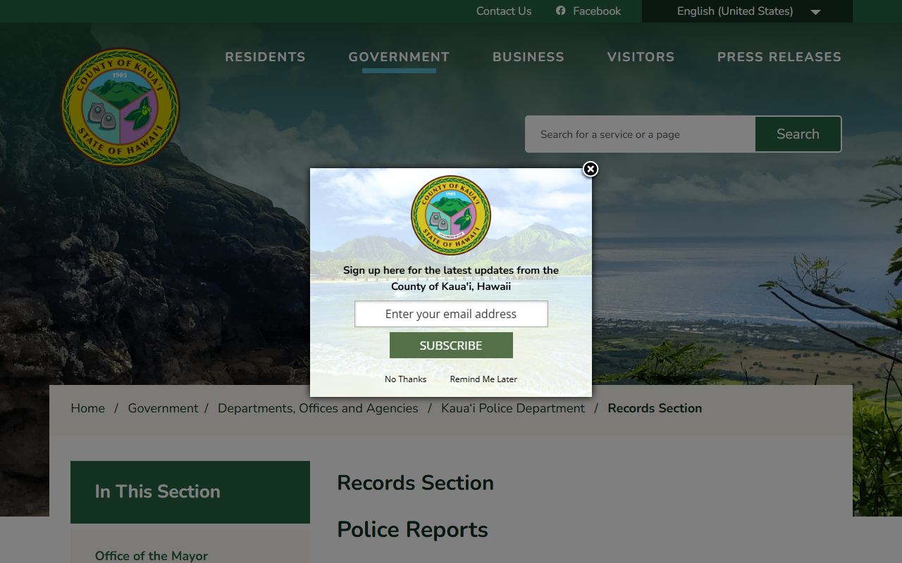 Kauai Police Department Records Section page for traffic incident reports and police records on Kauai