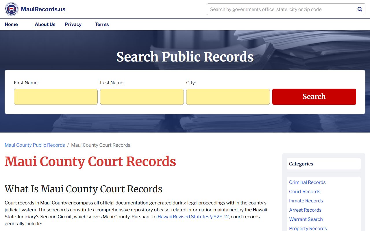 Maui County court records search showing Second Circuit access for traffic cases on Maui, Molokai, and Lanai