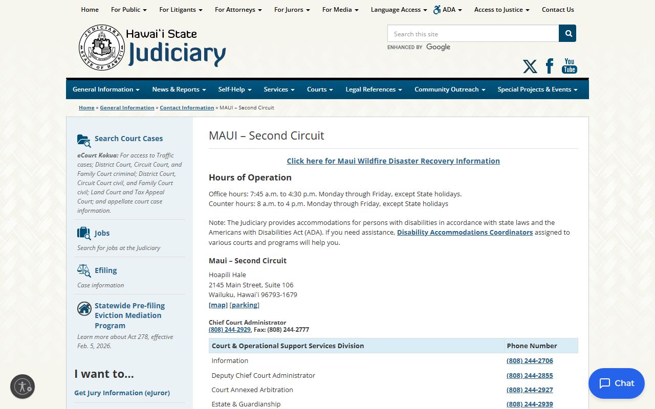 Second Circuit Maui contact information page showing all Maui County District Court locations for traffic records