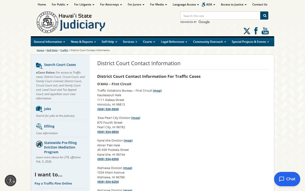 Hawaii District Court contact information page listing all Traffic Violations Bureau locations and phone numbers