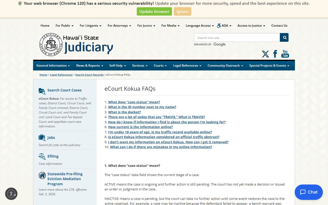eCourt Kokua FAQ page explaining Hawaii traffic court record terminology and case status codes