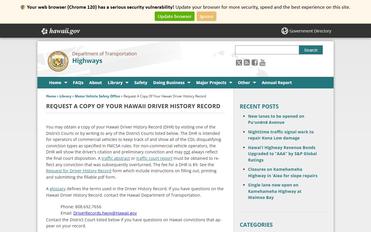 Hawaii Department of Transportation driver history record request page with instructions and fee information