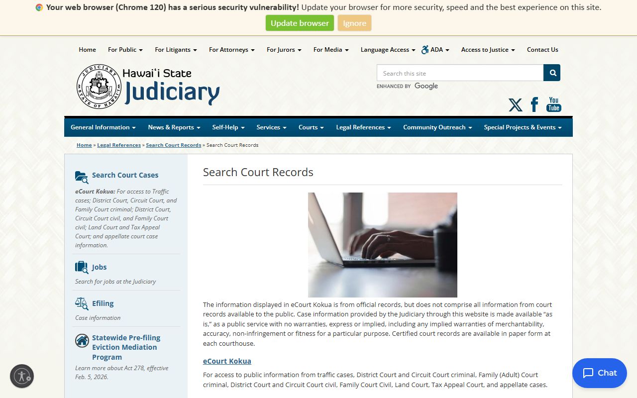 Hawaii Judiciary search court records main page showing eCourt Kokua access for traffic cases