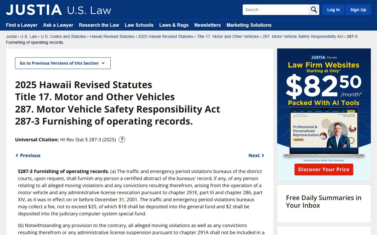 Hawaii Revised Statutes Section 287-3 traffic abstracts statute on Justia legal database
