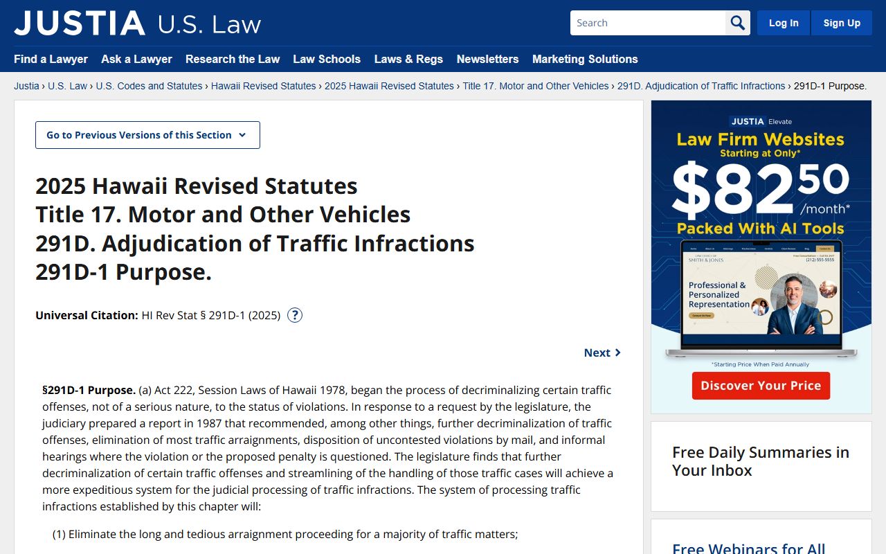 Hawaii Revised Statutes Chapter 291D traffic infractions adjudication statute on Justia