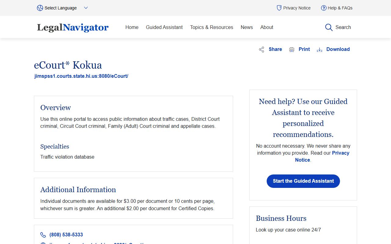 Legal Navigator Hawaii eCourt Kokua resource page explaining how to access traffic court records