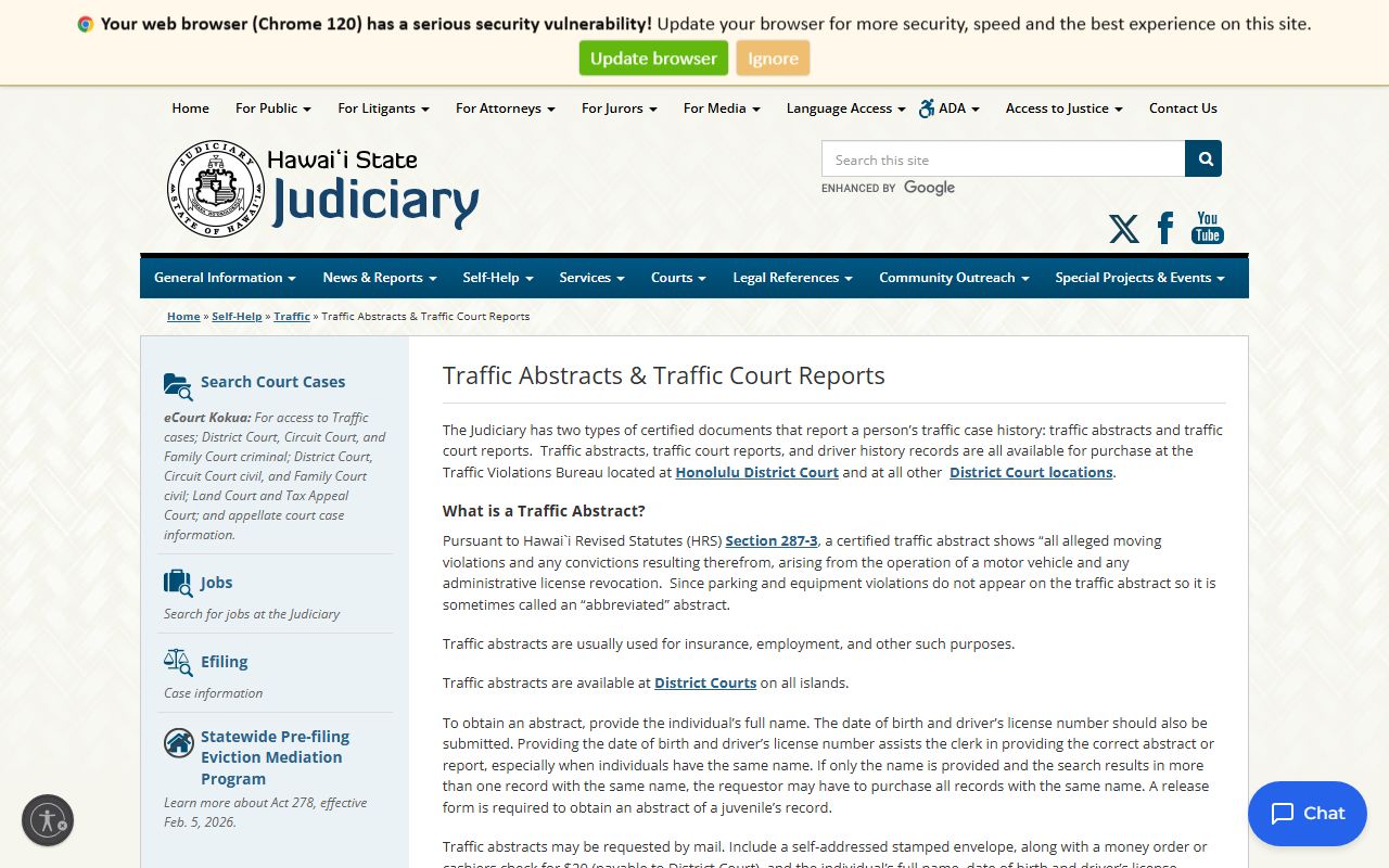Hawaii traffic abstracts and traffic court reports information page with request instructions