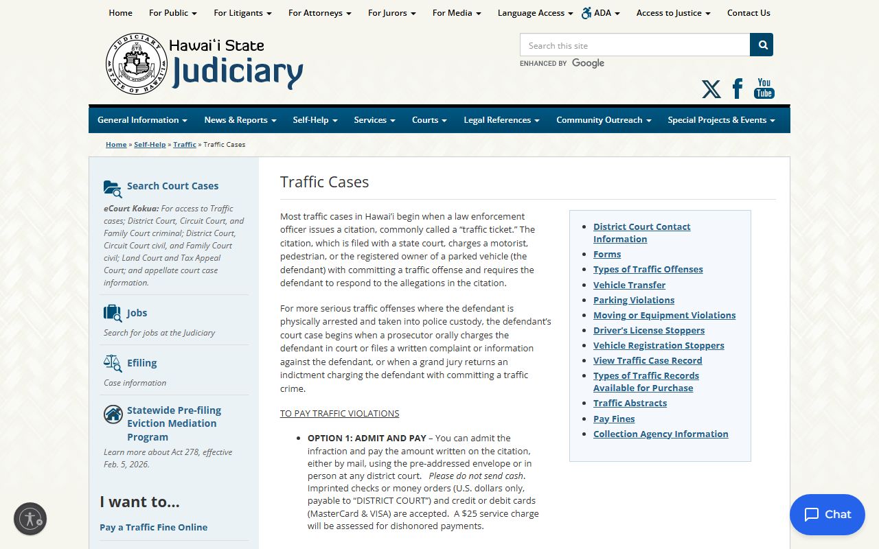 Hawaii traffic cases information page showing citation payment options and court appearance requirements