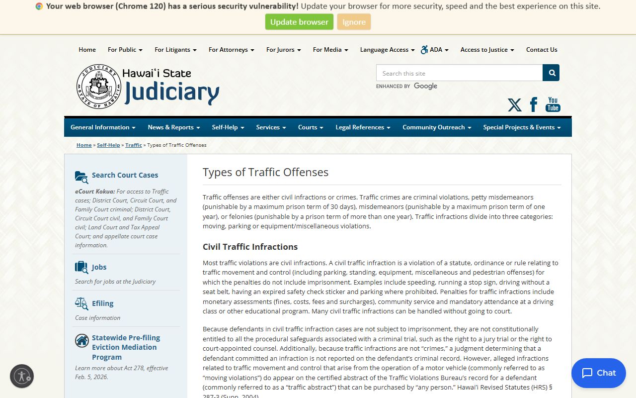 Hawaii types of traffic offenses page showing classification of civil infractions and traffic crimes