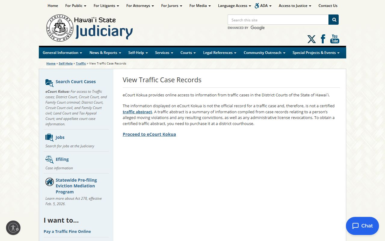 Hawaii view traffic case records page explaining eCourt Kokua online access